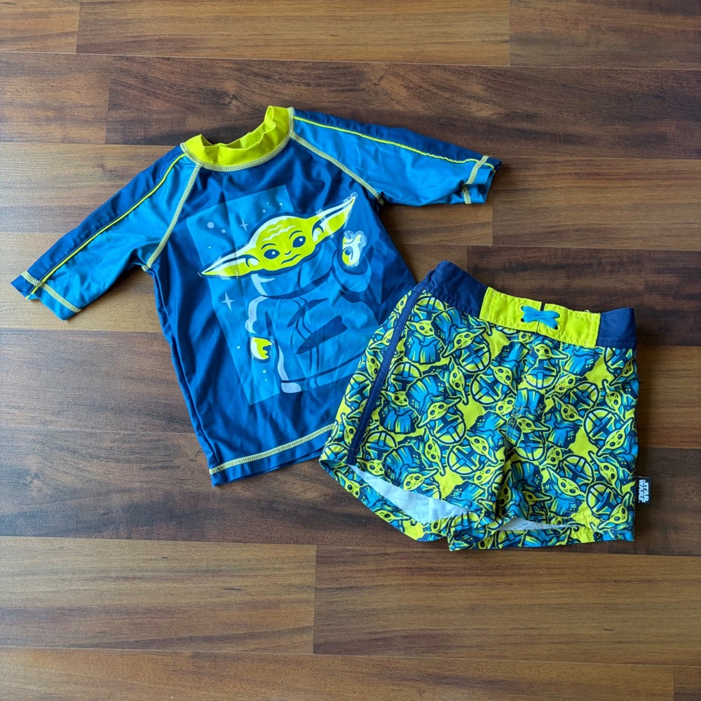 Disney Star Wars Grogu Baby Yoda Rash Guard and Swim Trunks Set Blue‎ Lime Kids